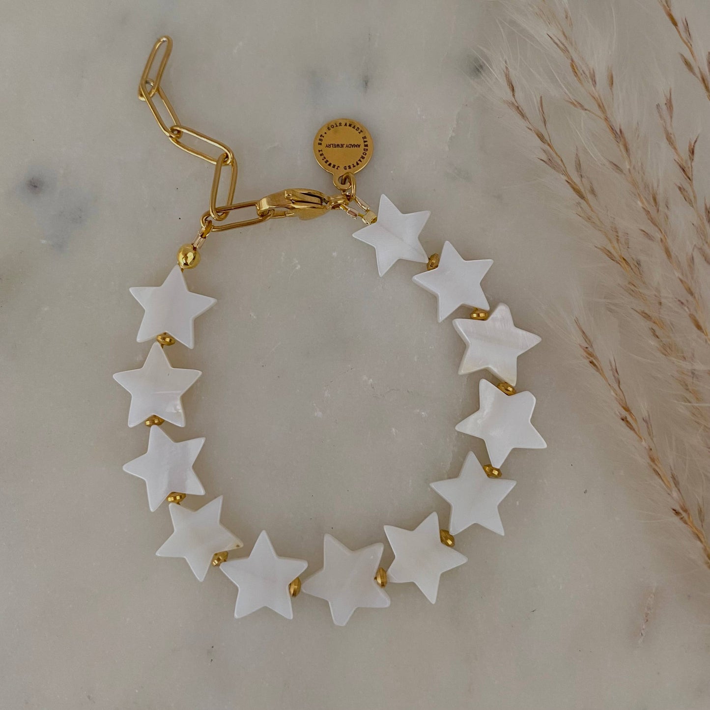 Stars pearl color paperclip chain 18k gold plated bracelet
