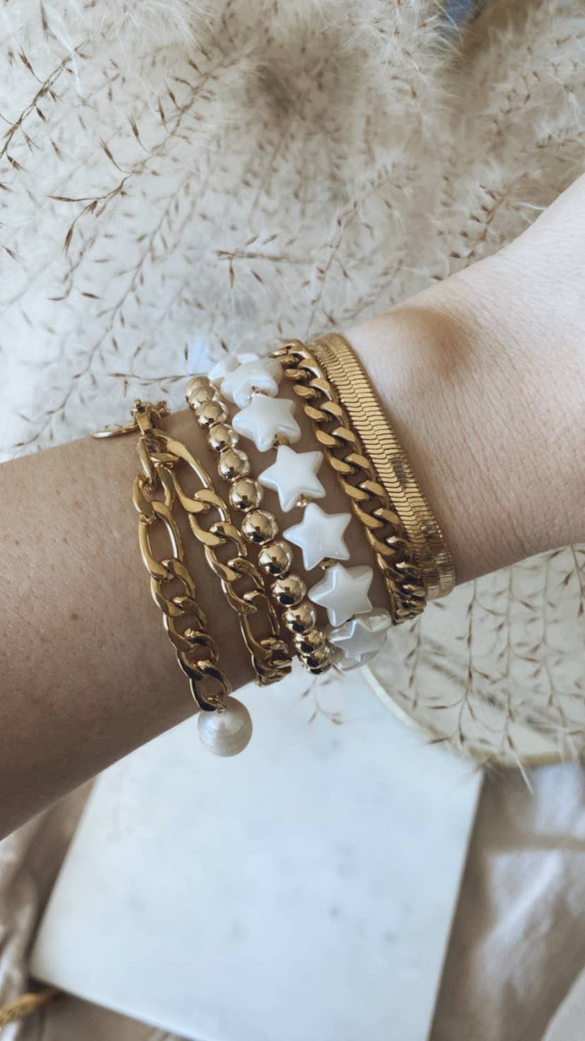 Stars pearl color paperclip chain 18k gold plated bracelet